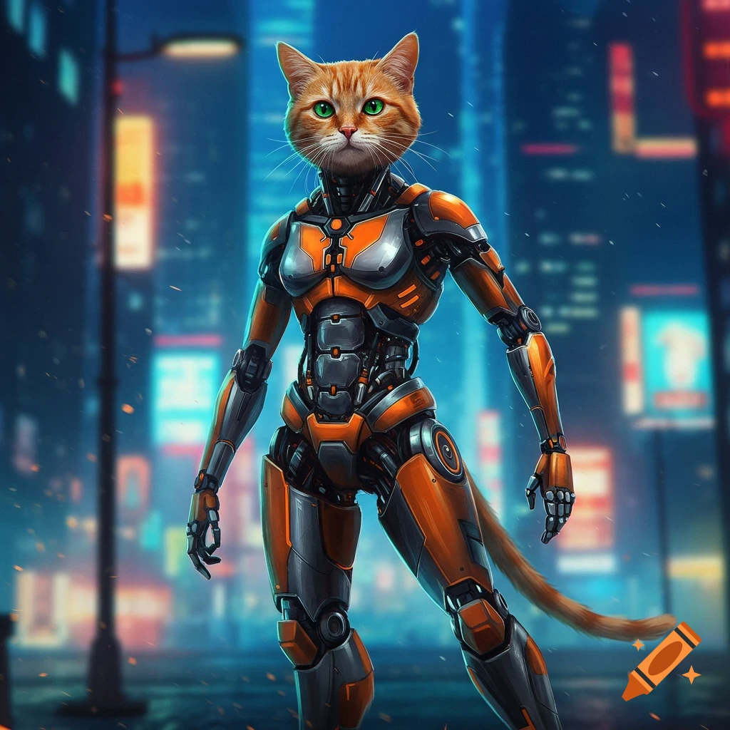 An orange tabby cat head on a detailed, orange and gray humanoid mecha suit, standing in a blurred cyberpunk city.