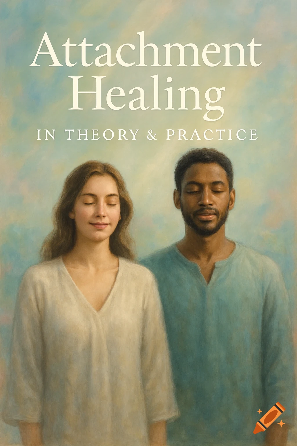 A serene painted portrait of a woman and a man with closed eyes, with text "Attachment Healing In Theory & Practice" above them.
