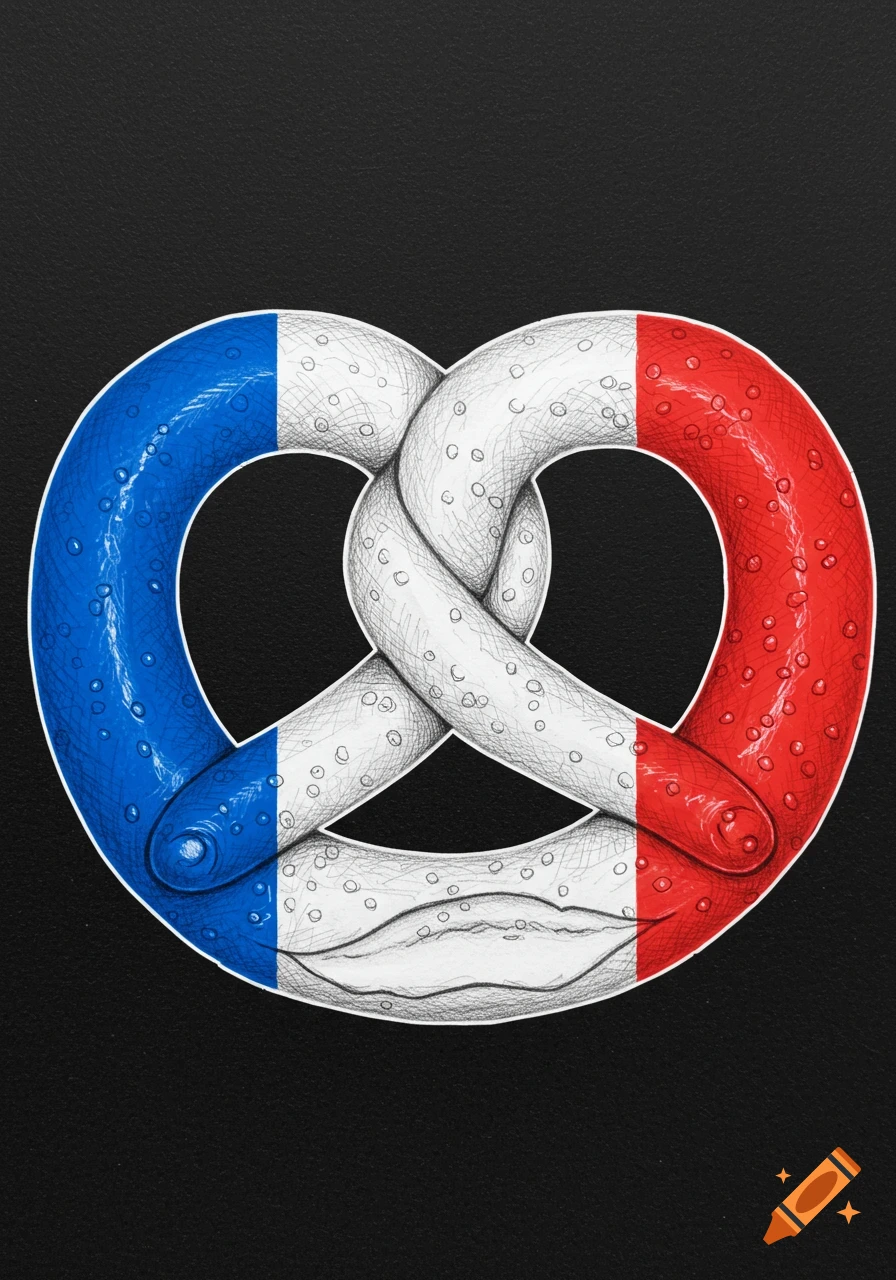 Pencil sketch illustration of a pretzel colored blue, white, and red like the French flag, on a black background.