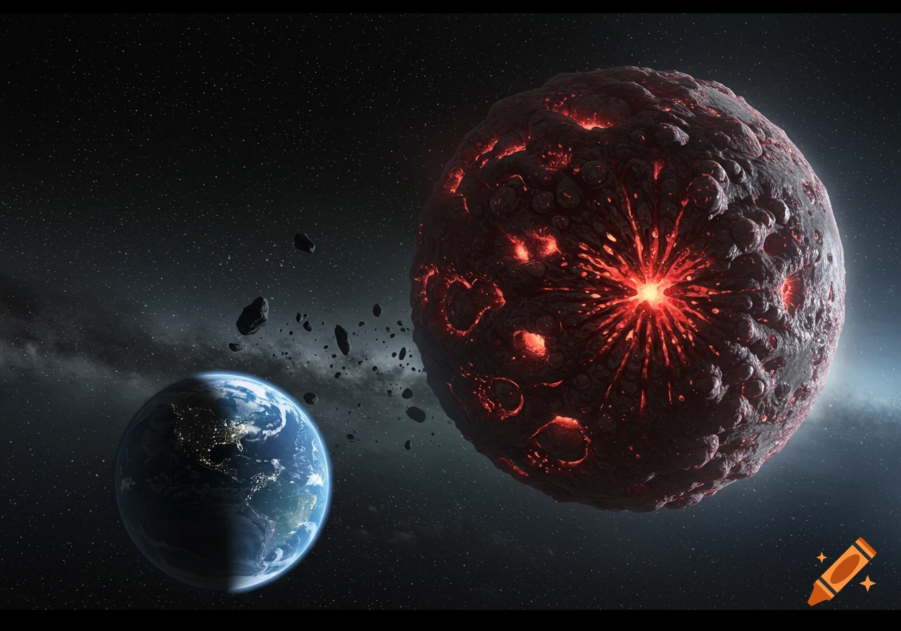 A massive, dark, volcanic planet glowing with fiery red lava looms close to Earth, surrounded by asteroids in deep space.