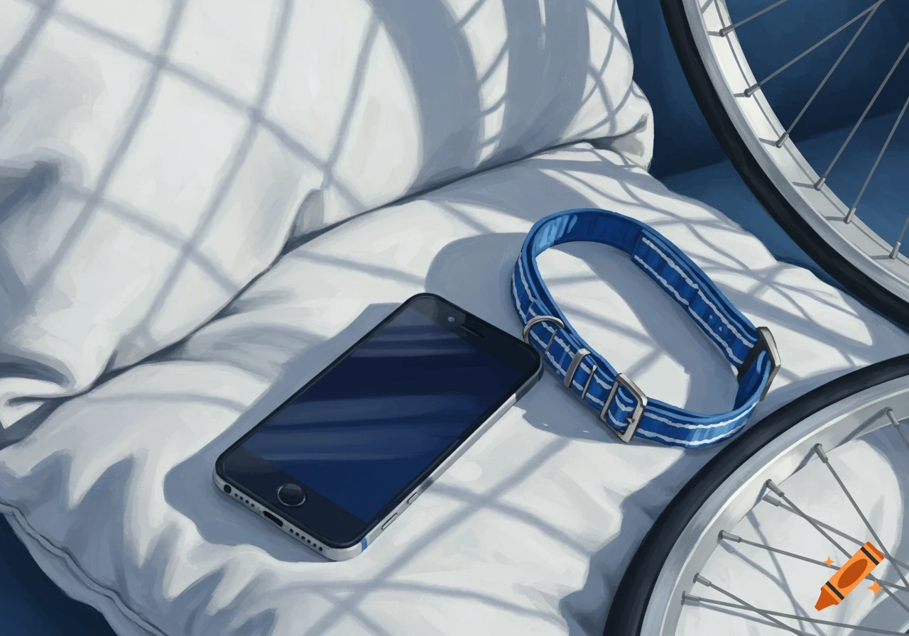 A painted still life showing a black phone, a blue and white striped dog collar, and part of a bike wheel on a white pillow.
