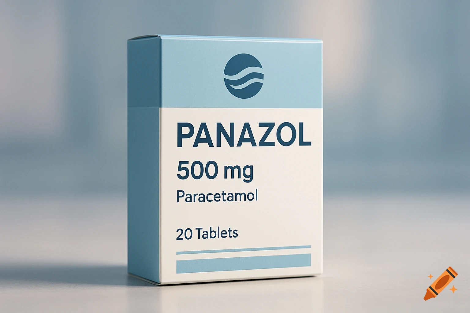 Photorealistic blue and white medicine box labeled PANAZOL 500 mg Paracetamol 20 Tablets.
