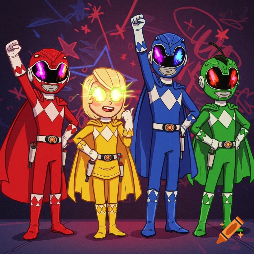 Four animated characters, including red, blue, and green Power Ranger-like figures with raised fists, and a blonde character in yellow with glowing eyes, against a neon background.