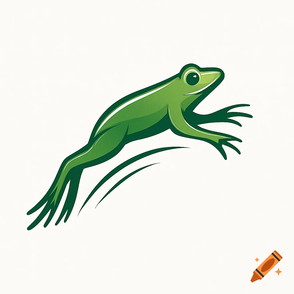 A stylized green frog leaps forward, depicted as a logo.