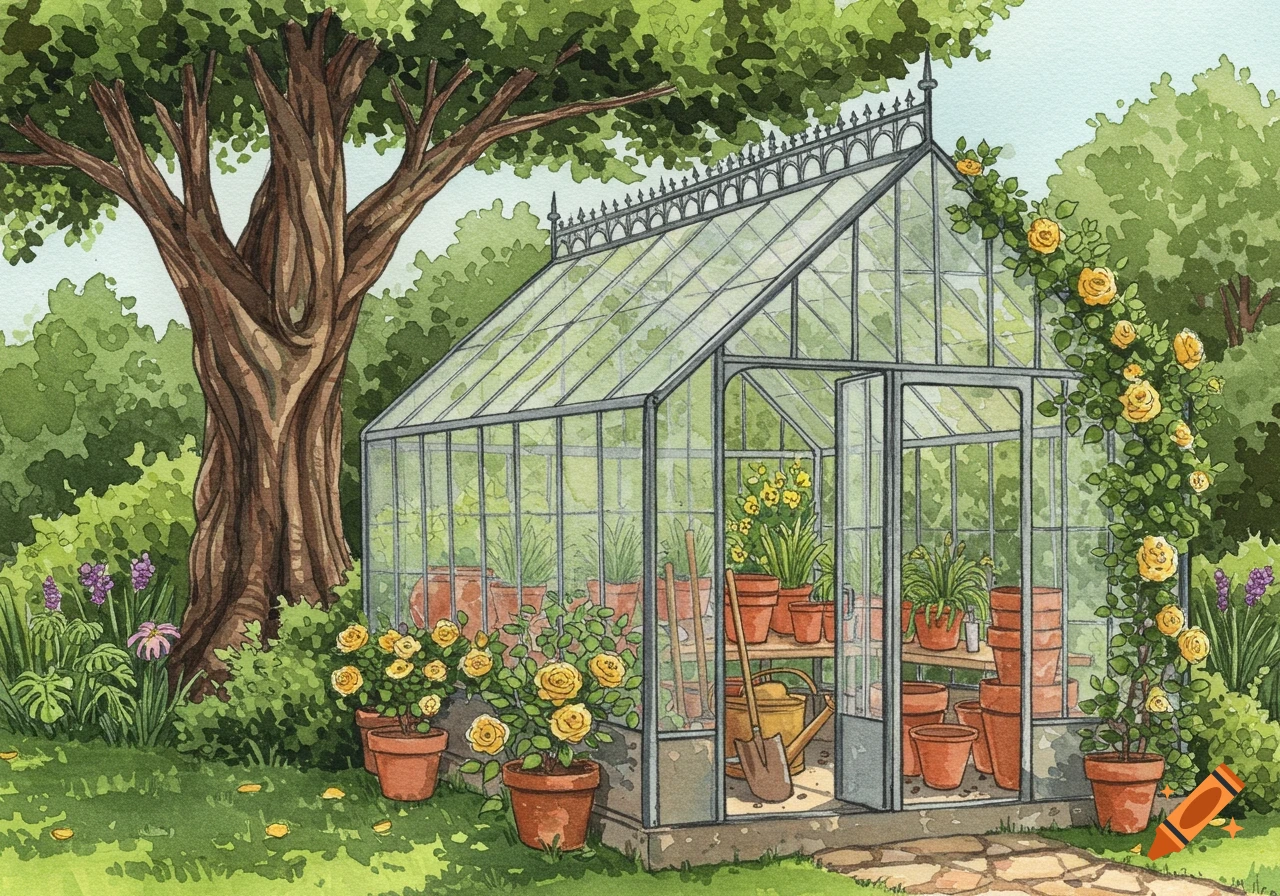 Watercolor illustration of a Victorian glass greenhouse in a lush garden with yellow roses, trees, and potted plants inside.