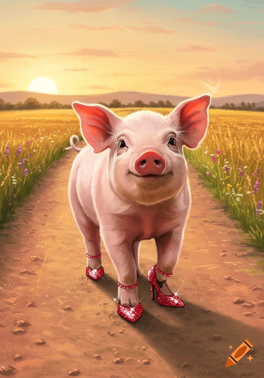 An illustrated smiling pig in red glitter high heels walks down a dirt path through a golden field at sunset.