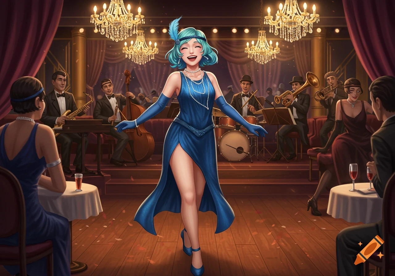 Anime-style flapper girl in a blue slit dress and gloves, smiling and walking in a glamorous jazz club with a band and patrons.
