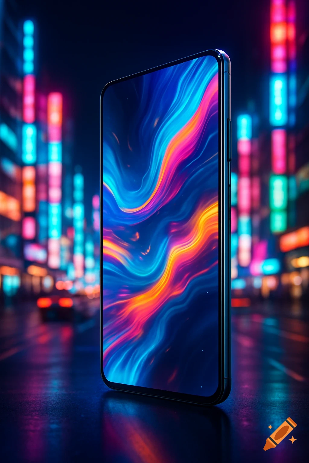 A smartphone stands vertically on a wet surface with a vibrant blue, pink, and orange abstract wallpaper, against a blurred neon city background at night.