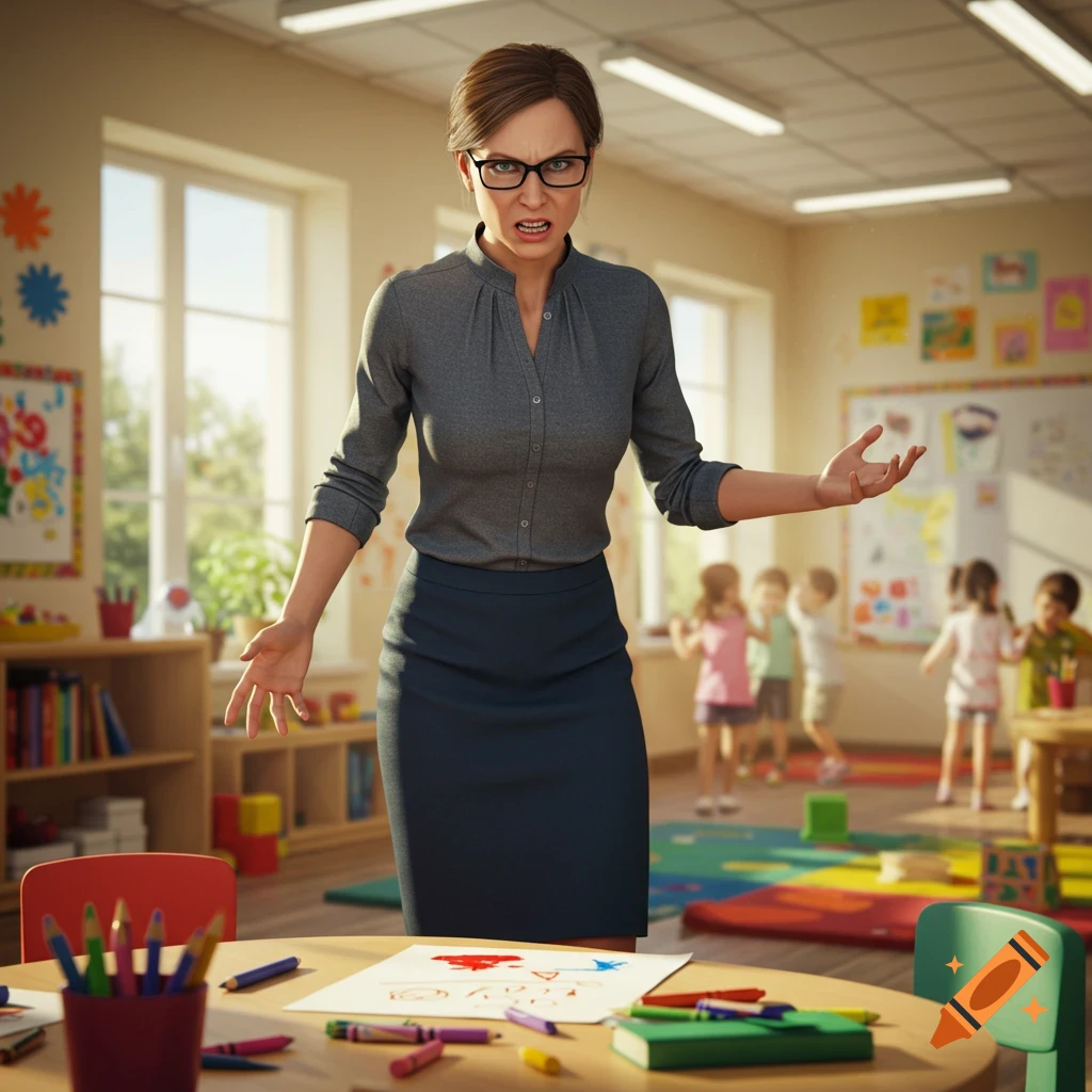 Photorealistic image of an angry female teacher in a kindergarten classroom with children and art supplies.