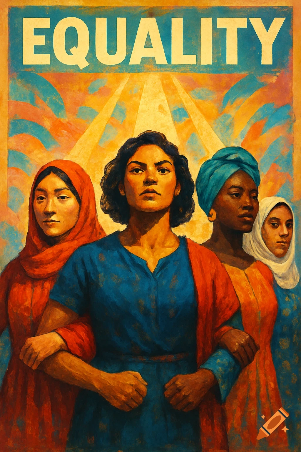 A colorful poster art style image depicting four women of diverse ethnicities standing together, with "EQUALITY" written above.