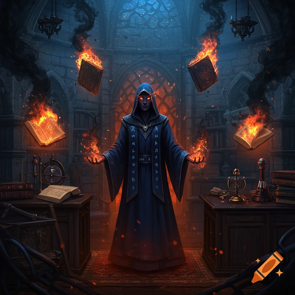 A dark mage in a blue robe with glowing red eyes stands in a stone study, surrounded by floating, burning books and black swirling shadows. Dark fantasy art style.