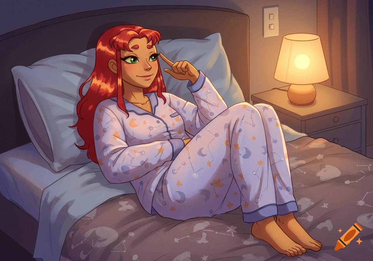 Starfire in blue pajamas with moon and star patterns, sitting on a bed in a softly lit bedroom, cartoon style.