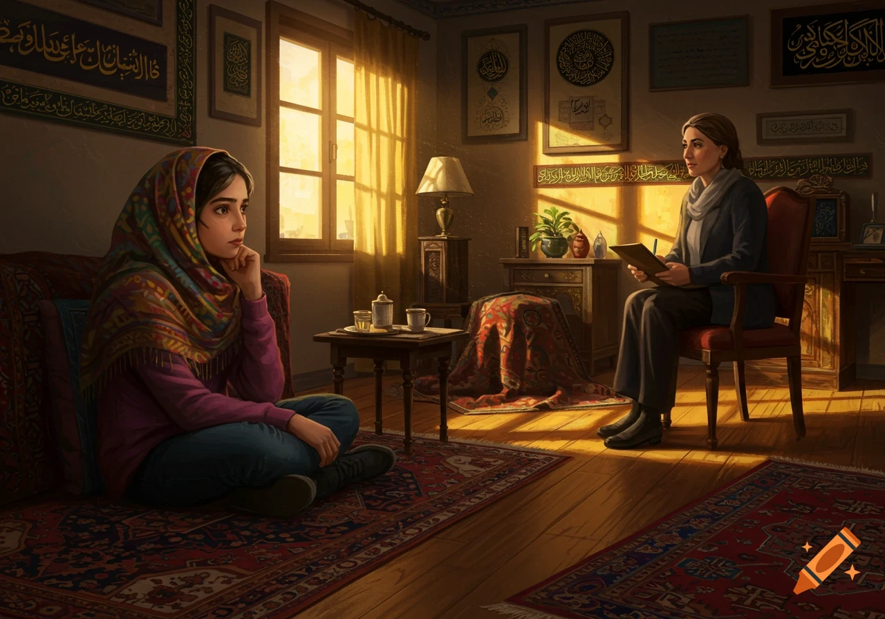 An illustration of a teenager in a headscarf receiving counsel from a woman in a traditionally decorated Iranian room with warm sunlight.
