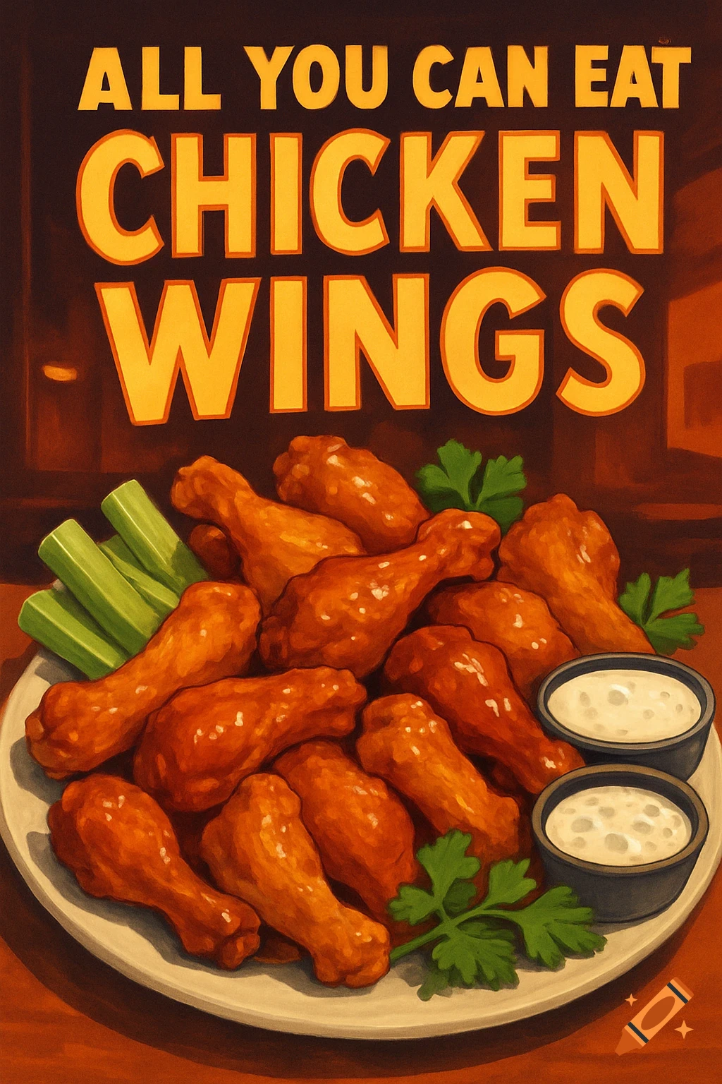 An illustrative poster for "ALL YOU CAN EAT CHICKEN WINGS", featuring a large platter of fried chicken drumettes and flats, celery sticks, and two small bowls of white dipping sauce.