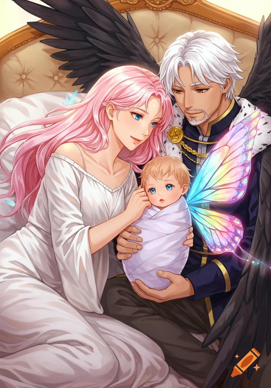 An anime-style queen with pink hair and a king with white hair and black wings gaze lovingly at their swaddled baby with rainbow butterfly wings in bed.