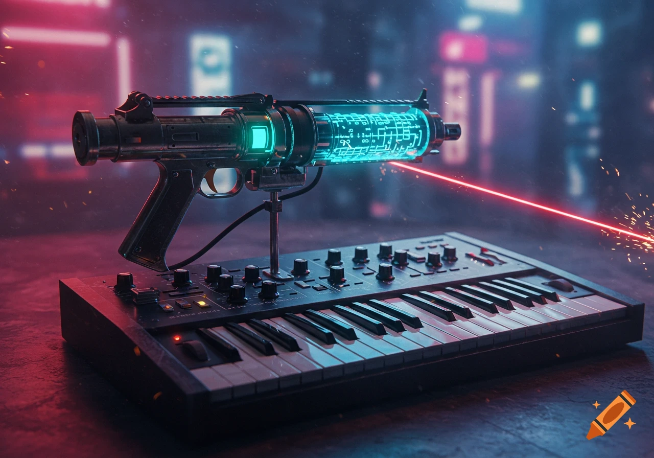 A futuristic laser gun with glowing blue circuitry mounted on a synthesizer keyboard, firing a red laser beam in a cyberpunk city.