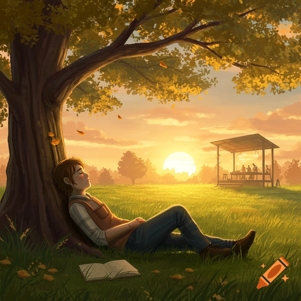 Illustrative painting of a person resting under a large tree in a grassy field at sunset, with a gazebo in the distance.