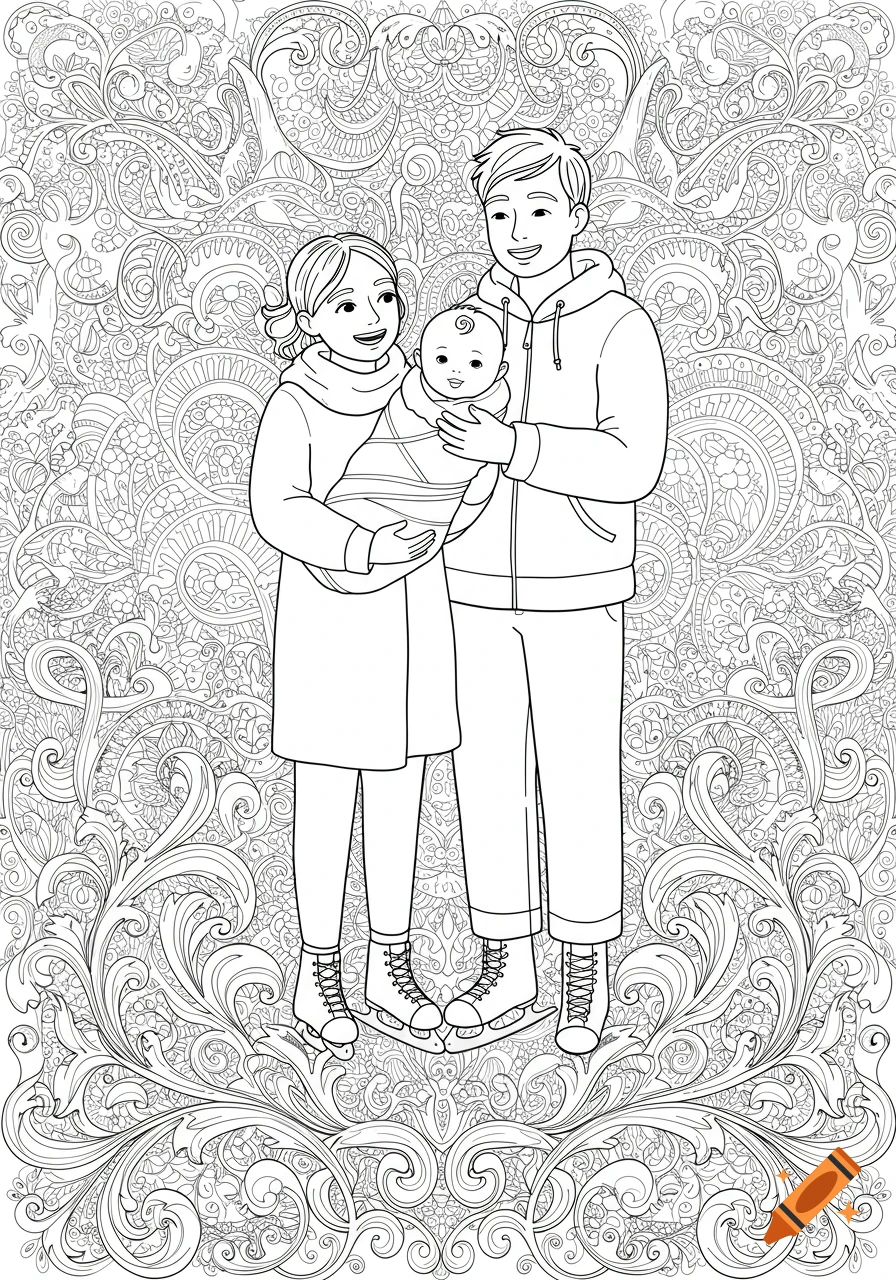 Black and white coloring page of a family with a baby. A man and woman wear ice skates against an intricate patterned background.