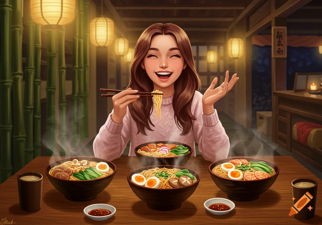 A digital illustration of a happy cartoon girl eating ramen with chopsticks at a table with multiple bowls of ramen in a Japanese restaurant.