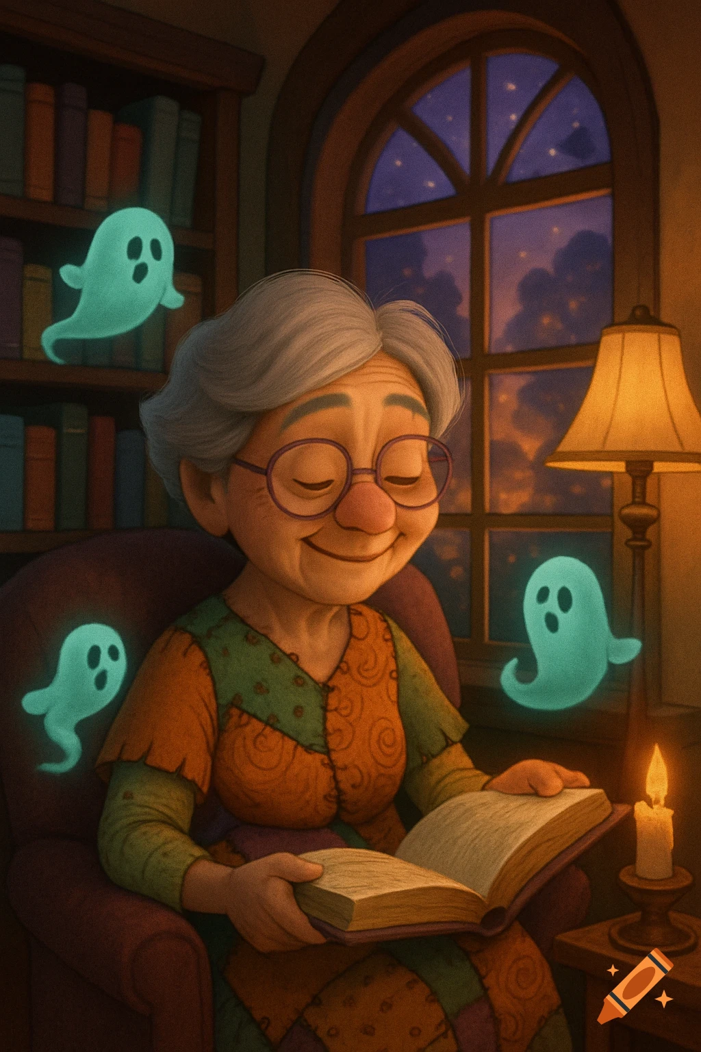 A Pixar-style elderly woman with gray hair and glasses reads a book in a cozy library with glowing ghosts floating around her.