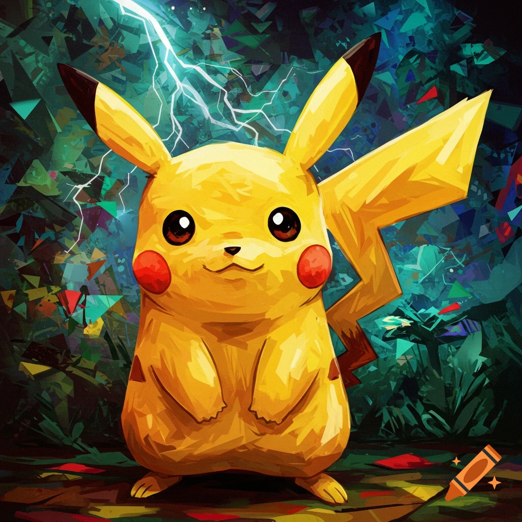 Pikachu depicted in an abstract, cubist style with geometric background elements and a lightning bolt.