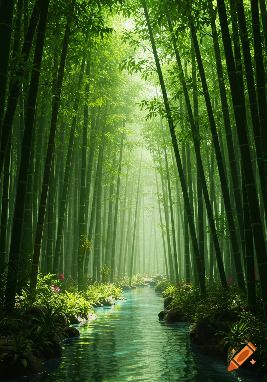 Sunlit vibrant green bamboo forest with a clear stream flowing through it.