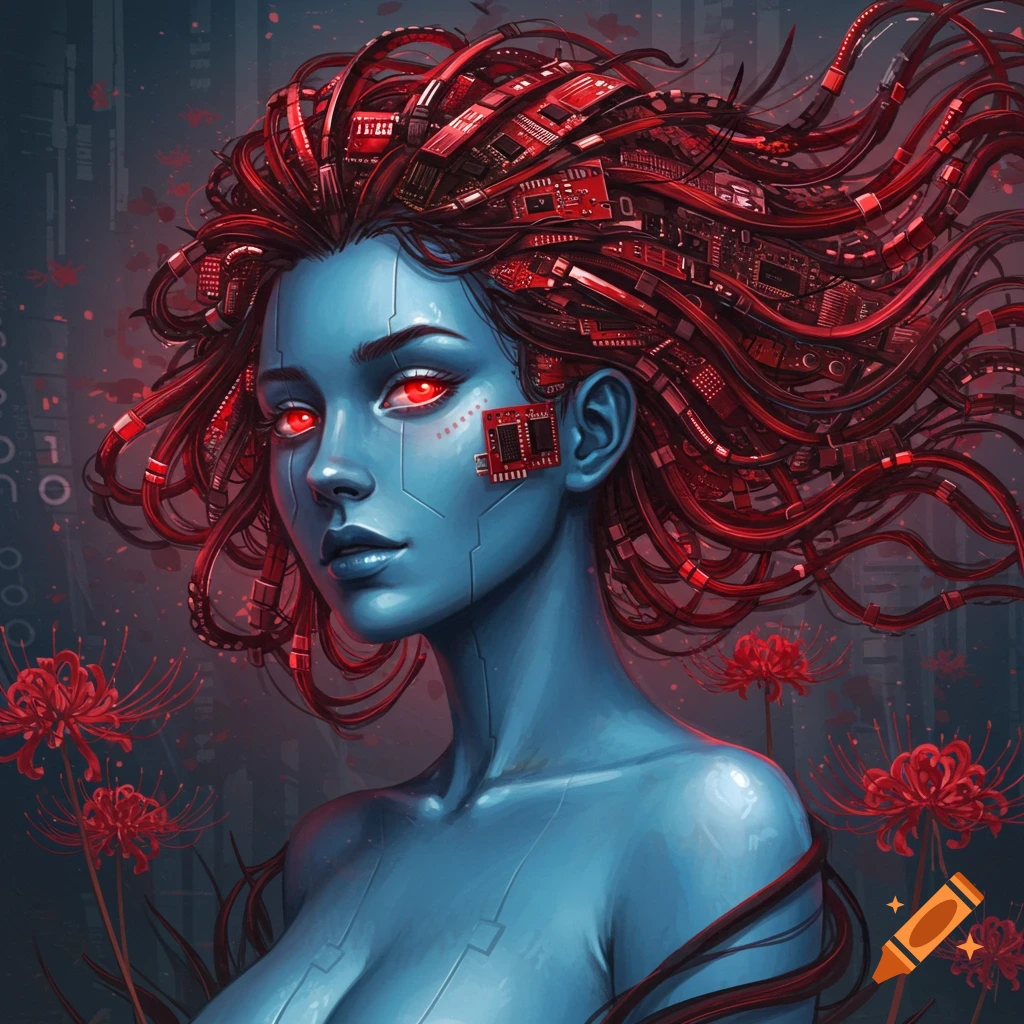A futuristic woman with glowing red eyes and blue skin, her hair made of red circuit boards and wires, surrounded by red spider lilies in a digital background.