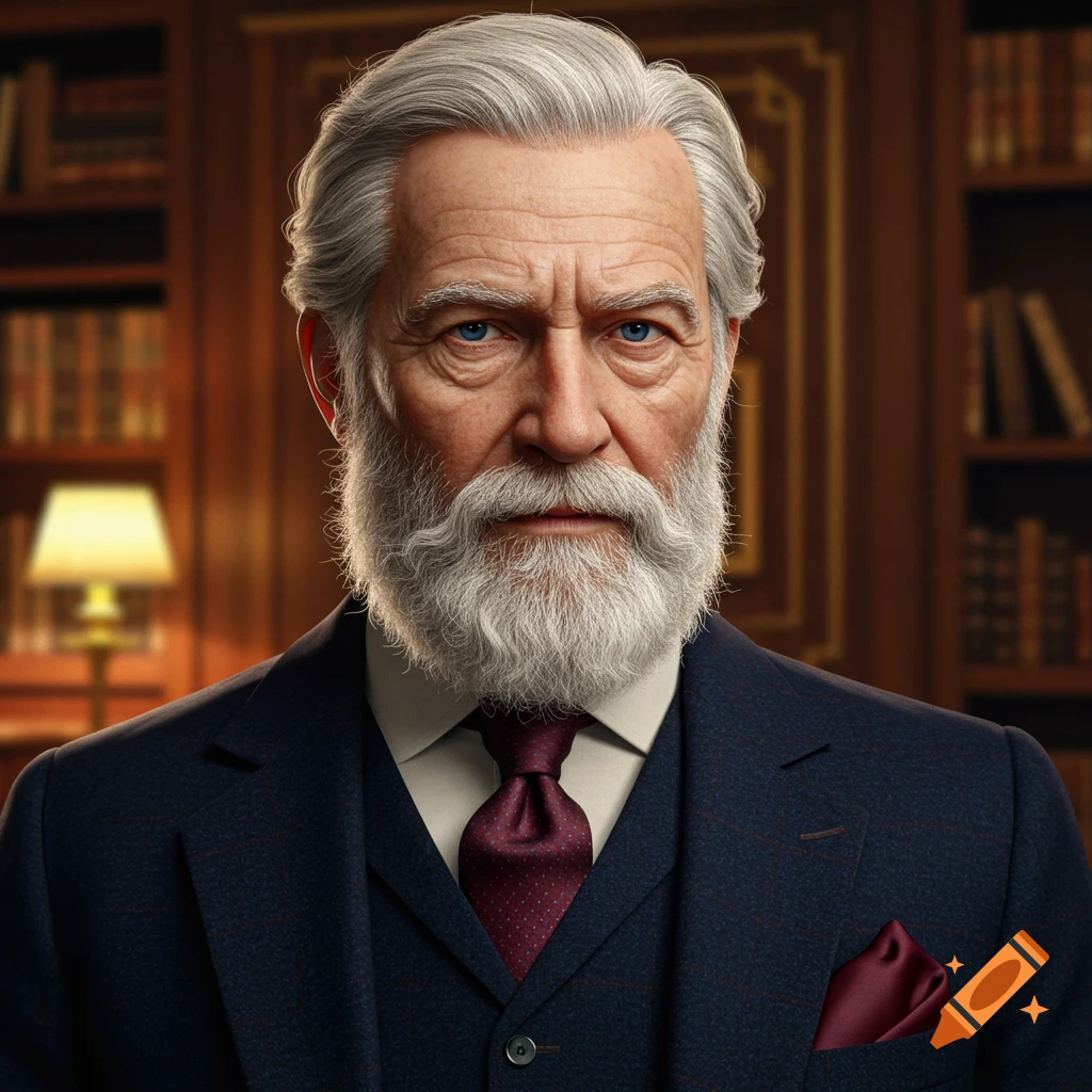Photorealistic portrait of a serious older man with a white beard and gray hair, wearing a dark suit and red tie, in a blurred library.