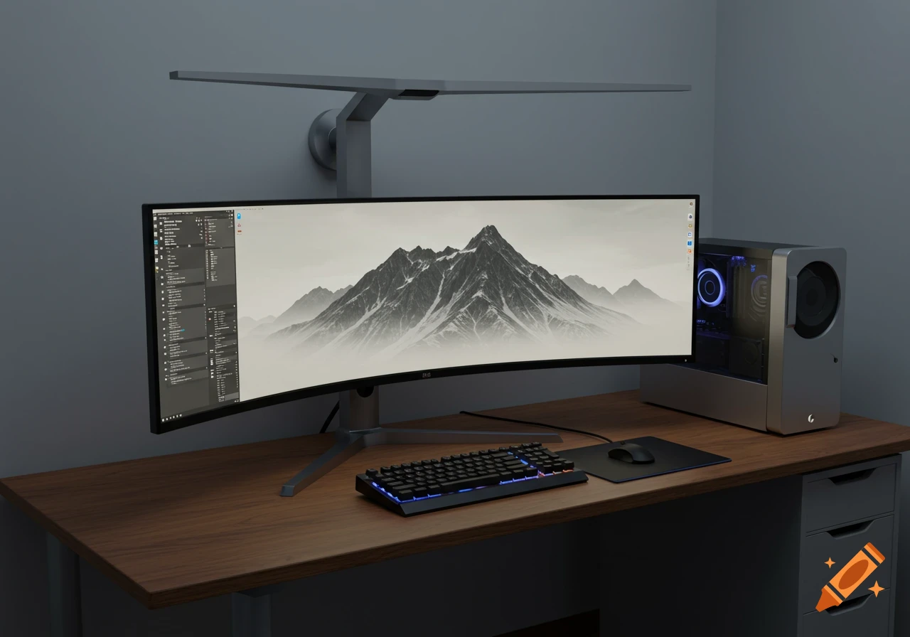 A desk setup featuring a large curved monitor displaying mountains, a mechanical keyboard, mouse, and a desktop PC case.