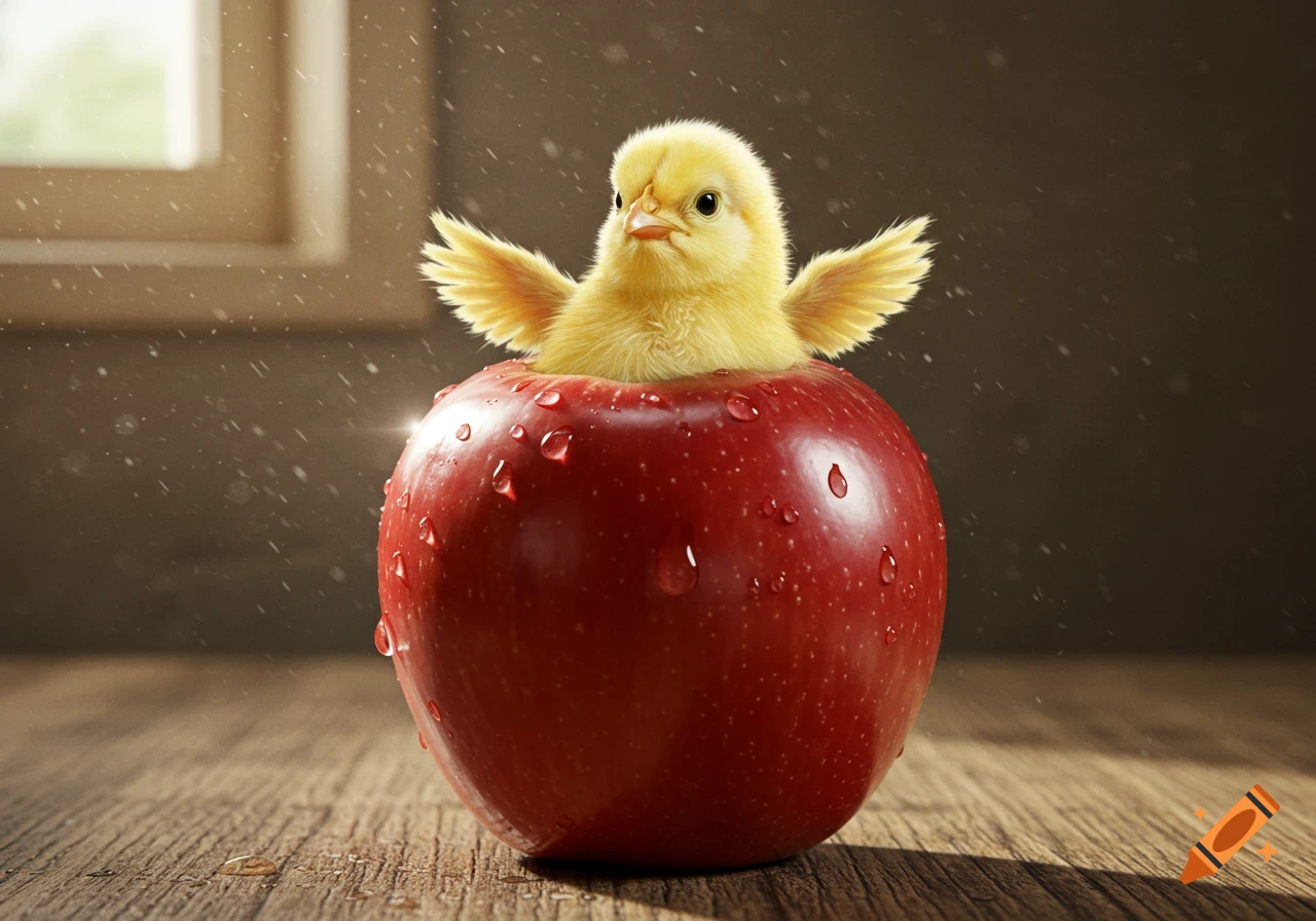 A fluffy yellow chick with outstretched wings emerges from a red apple covered in water droplets on a wooden surface in a photorealistic style.