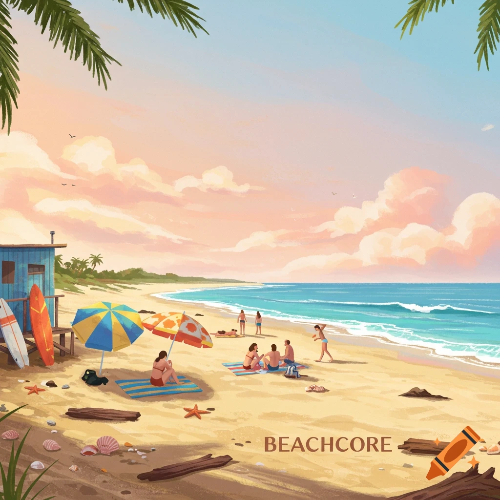 An illustrative beach scene with people, palm trees, a lifeguard hut, and surfboards under a pastel sky.