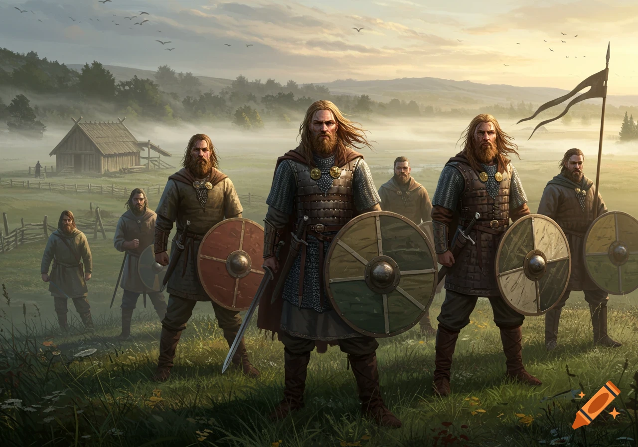 Digital painting of bearded Anglo-Saxon warriors in armor with shields and swords, standing in a misty field at sunrise.