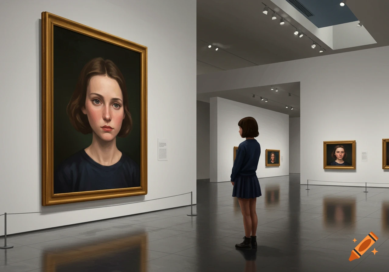 A girl in a modern art museum stands observing a large portrait of herself hanging on a white wall, with other portraits visible in the background.