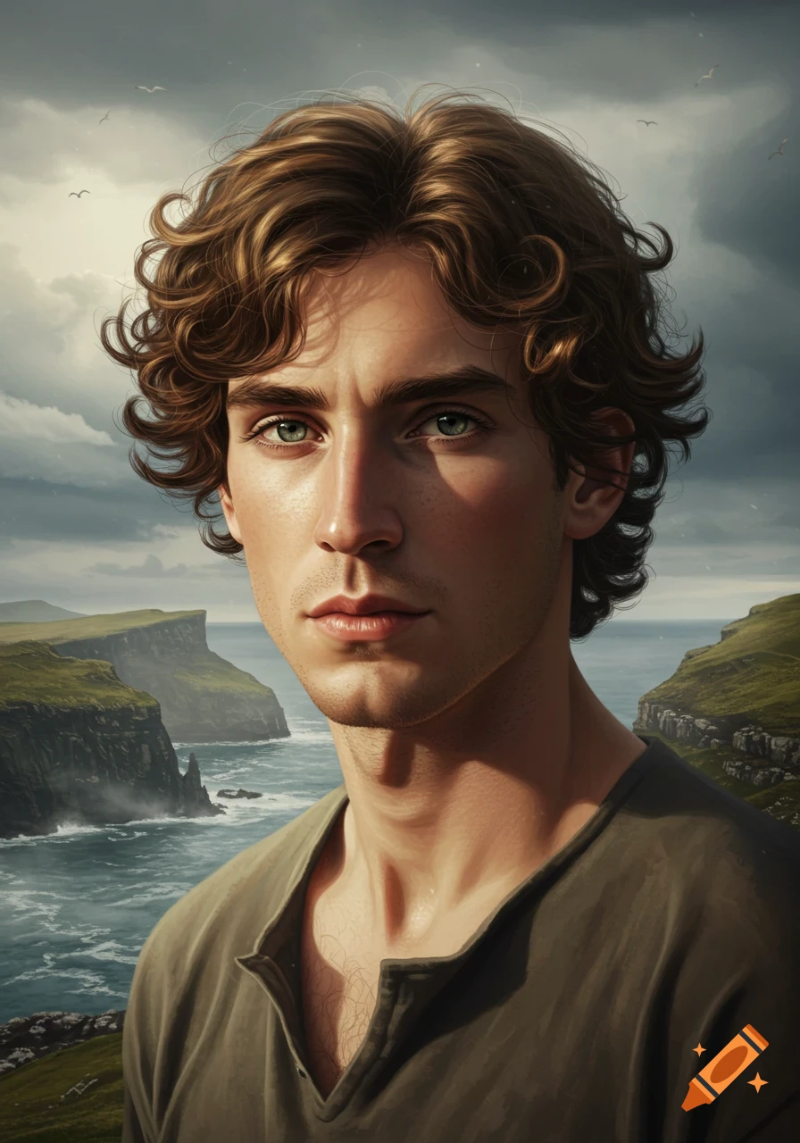 A photorealistic portrait of a young man with wavy brown hair and green eyes, set against rugged coastal cliffs under a cloudy sky.