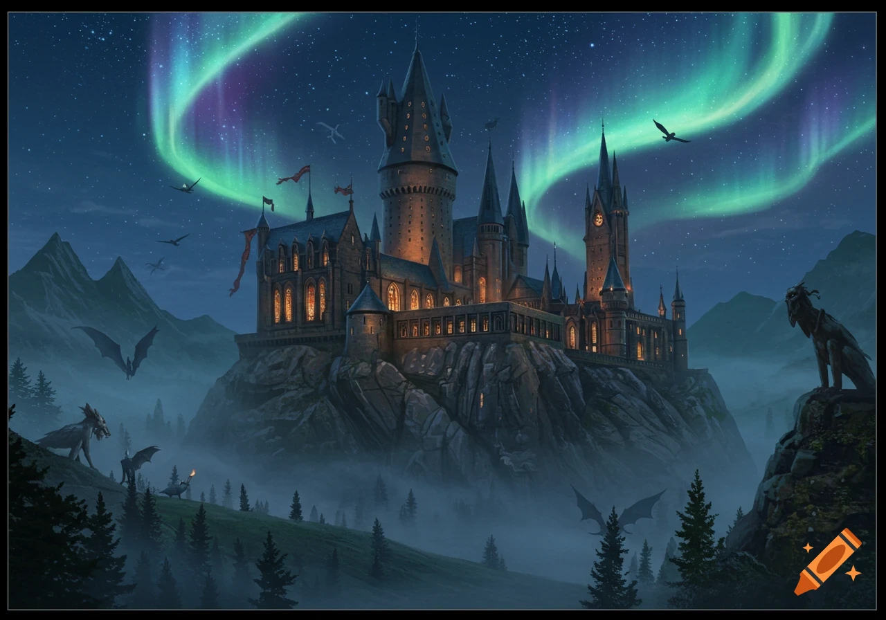A majestic fantasy castle atop a rocky hill, illuminated by a vibrant aurora under a starry night sky, with mist, mountains, and flying creatures.