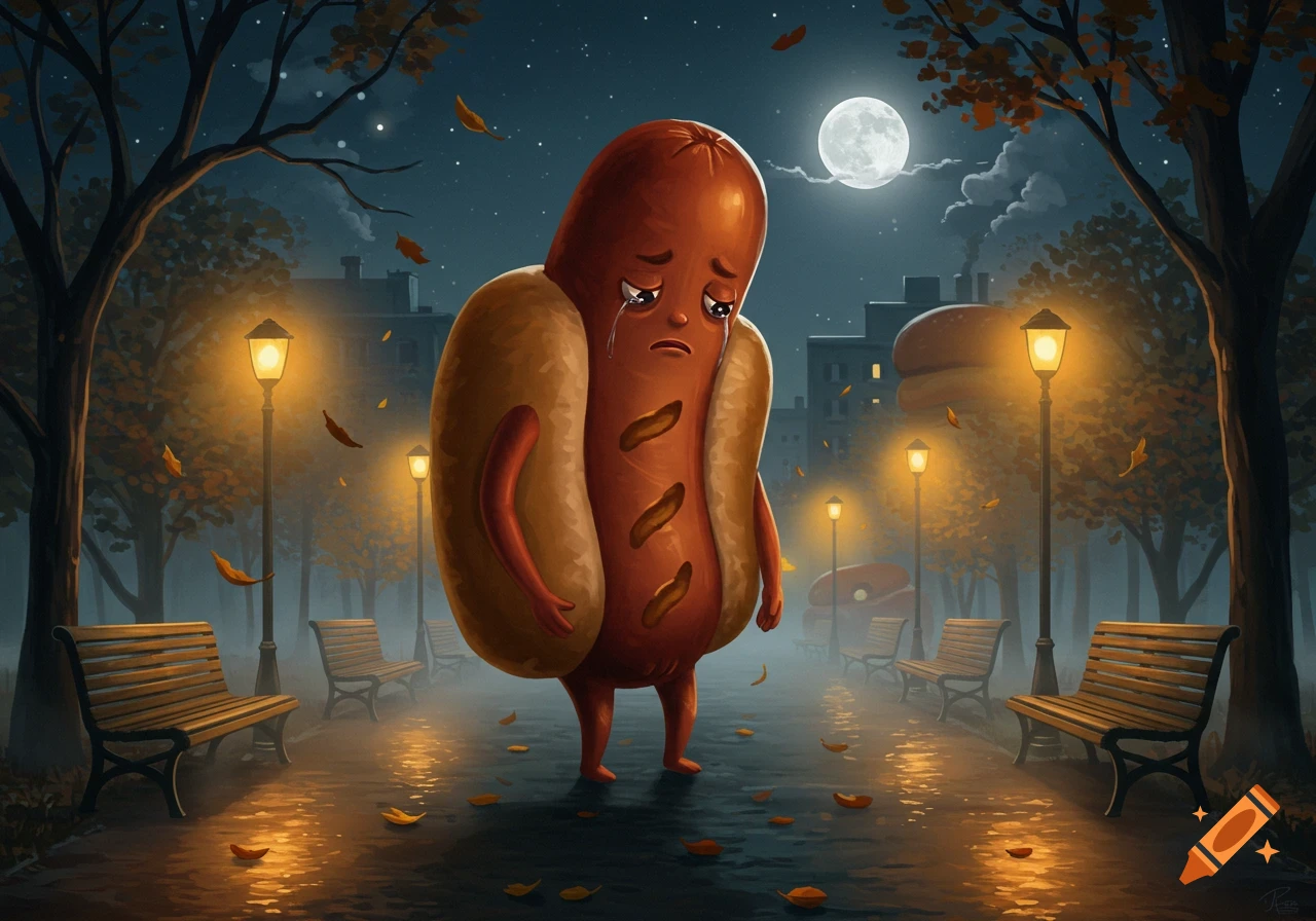 An illustrated, crying hot dog character standing sadly in a misty park at night with lampposts and falling leaves.