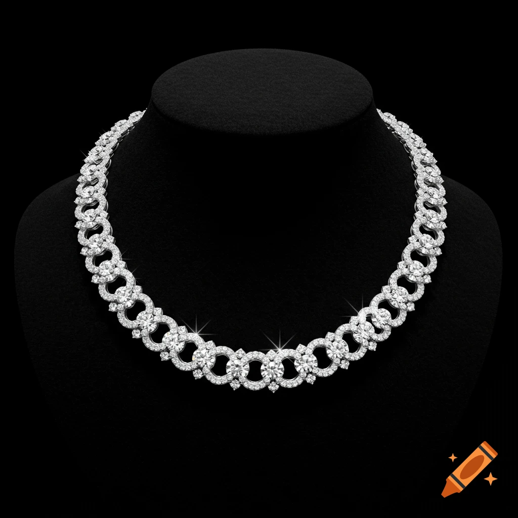 A luxury silver necklace with numerous sparkling diamonds displayed on a black velvet stand.