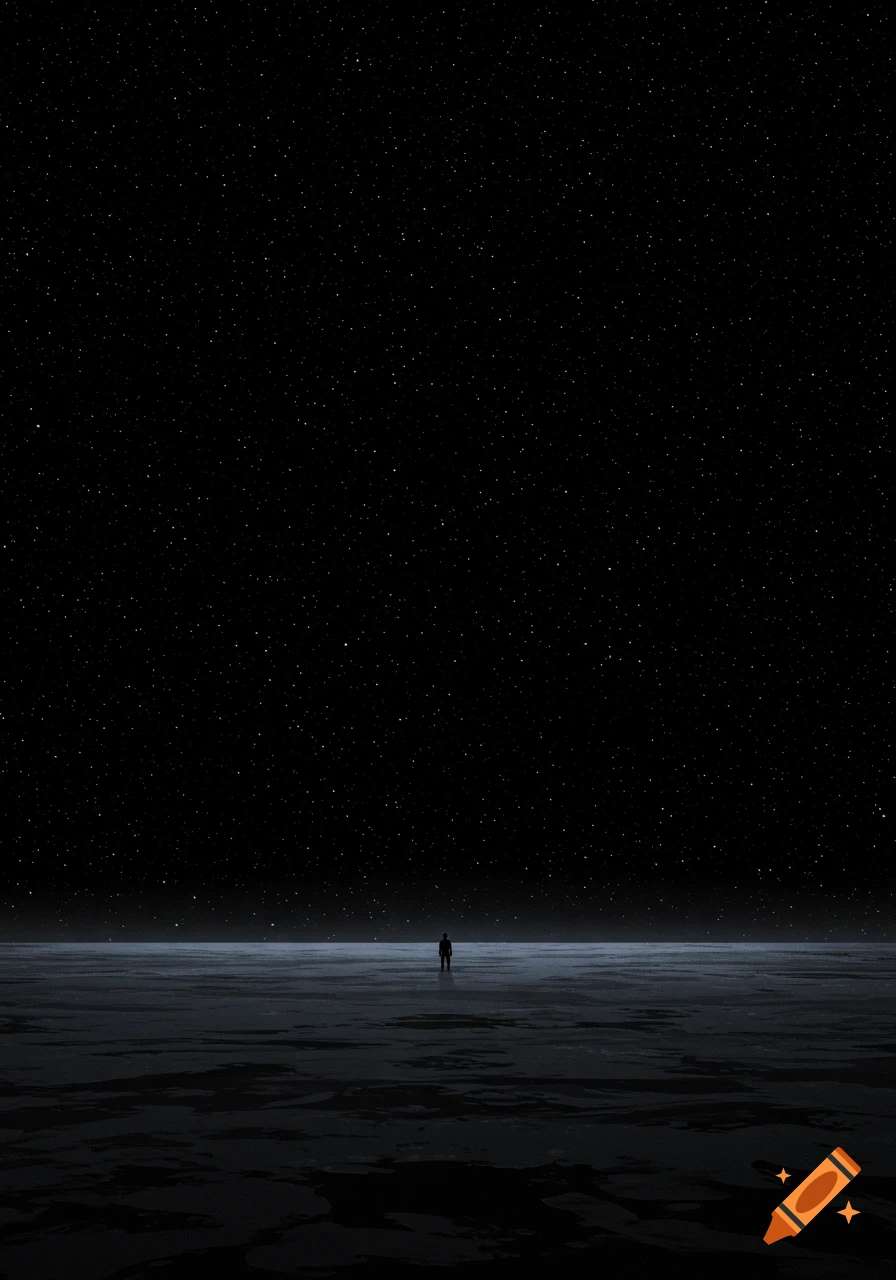 A small, silhouetted figure stands on a vast, dark, icy plain under an infinite black sky filled with countless tiny stars.