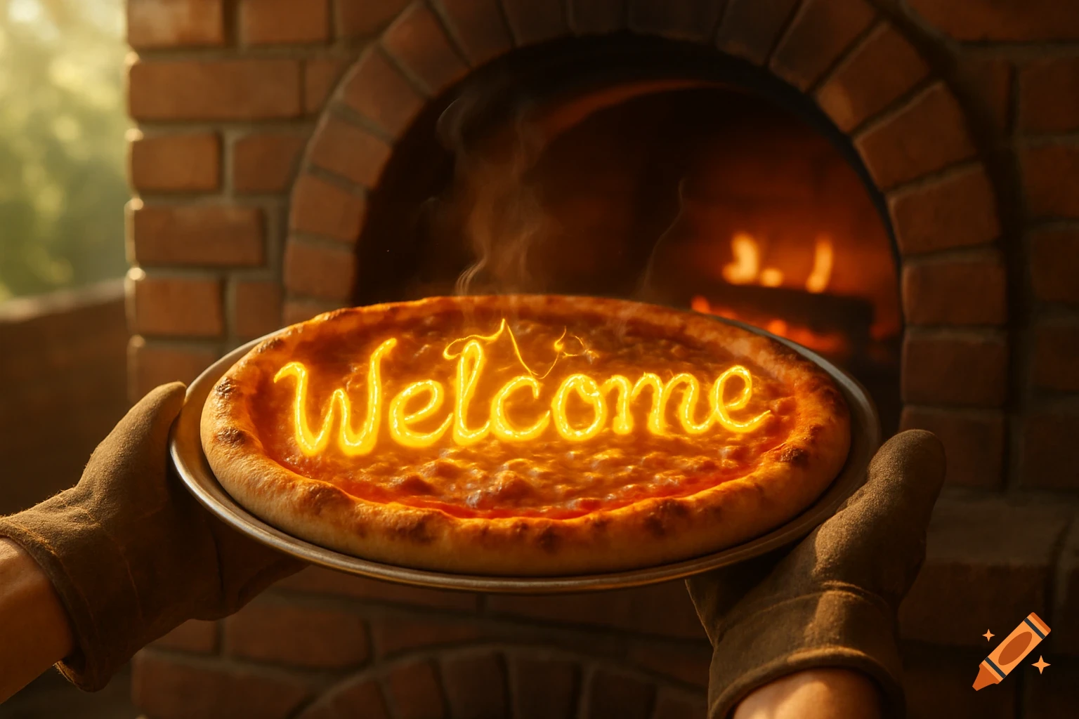 A person in oven mitts holds a hot pizza with the glowing word "Welcome" in front of a brick pizza oven with flames inside.
