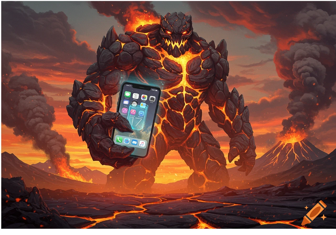A giant, fearsome lava monster with glowing cracks holding a modern smartphone, standing in a volcanic landscape under an orange, smoke-filled sky with erupting volcanoes in the background.