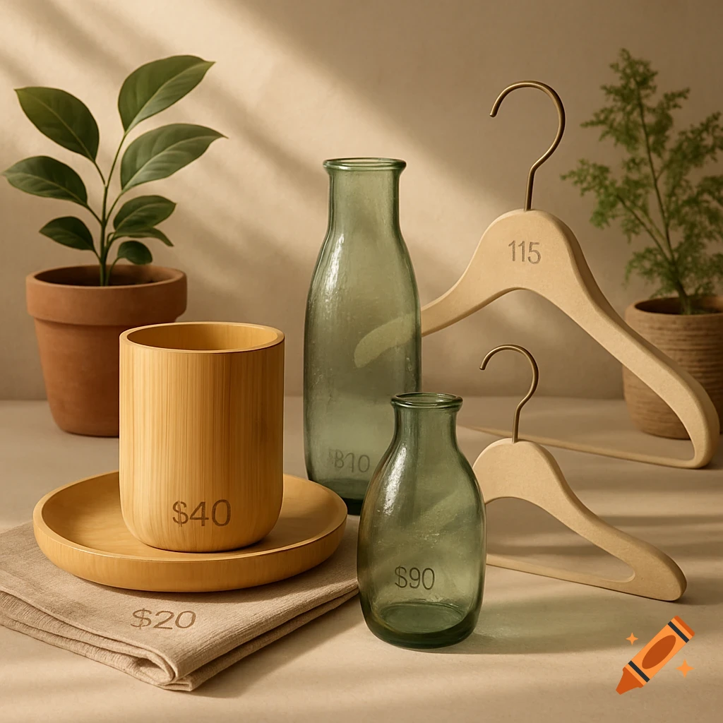 A still life arrangement of sustainable home products including bamboo cups and tray, glass bottles, wooden hangers, and potted plants, some with price tags.