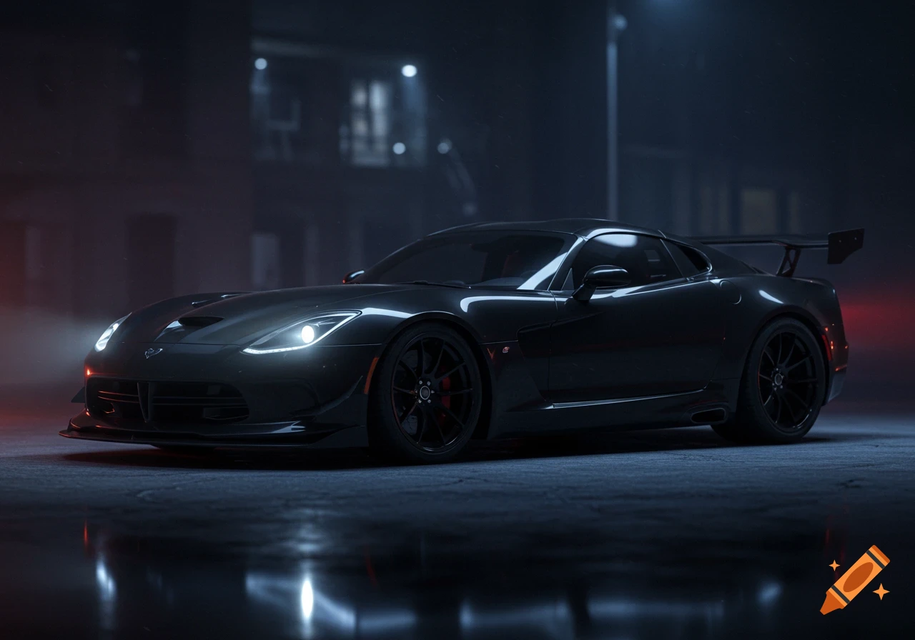 A dark gray sports car with illuminated headlights, parked on a wet urban street at night, with building lights blurred in the background.