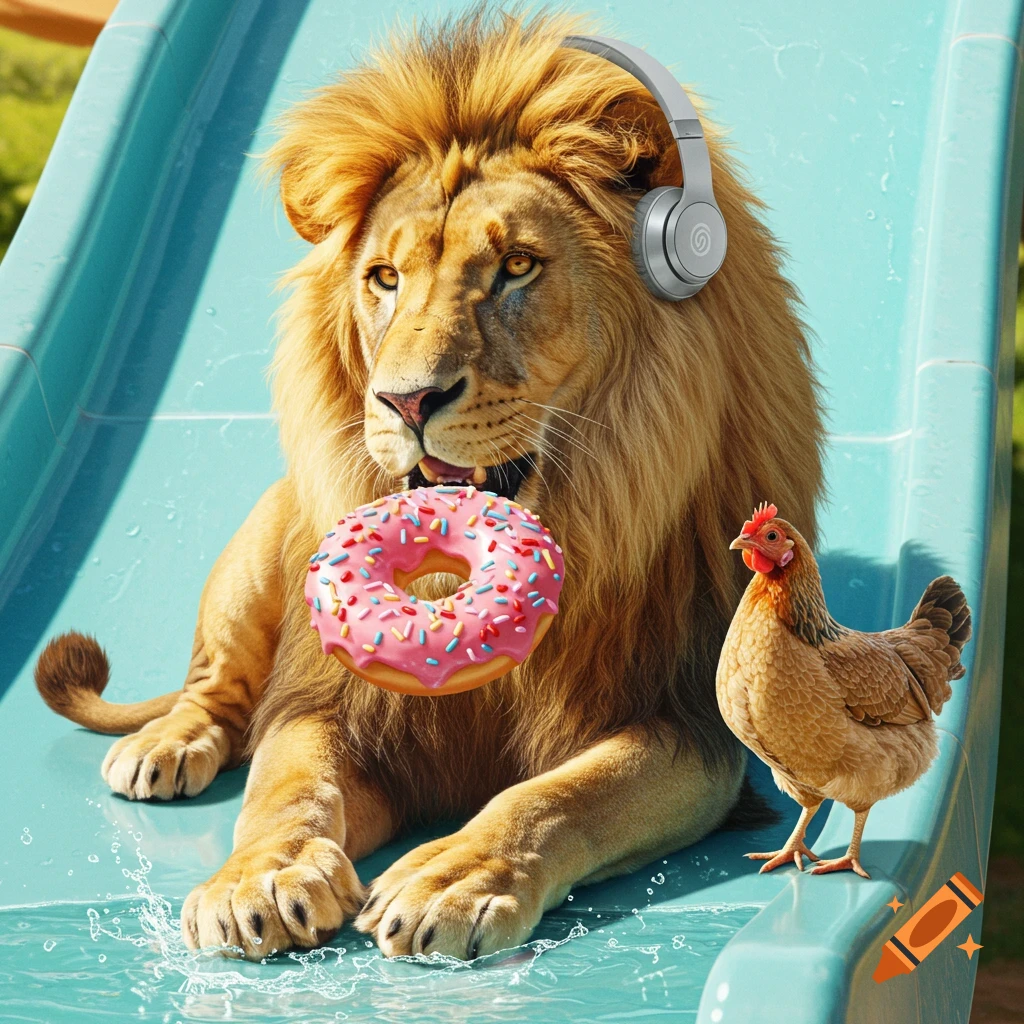 A lion wearing headphones sits on a blue waterslide, holding a pink donut in its mouth, with a brown chicken standing beside it.
