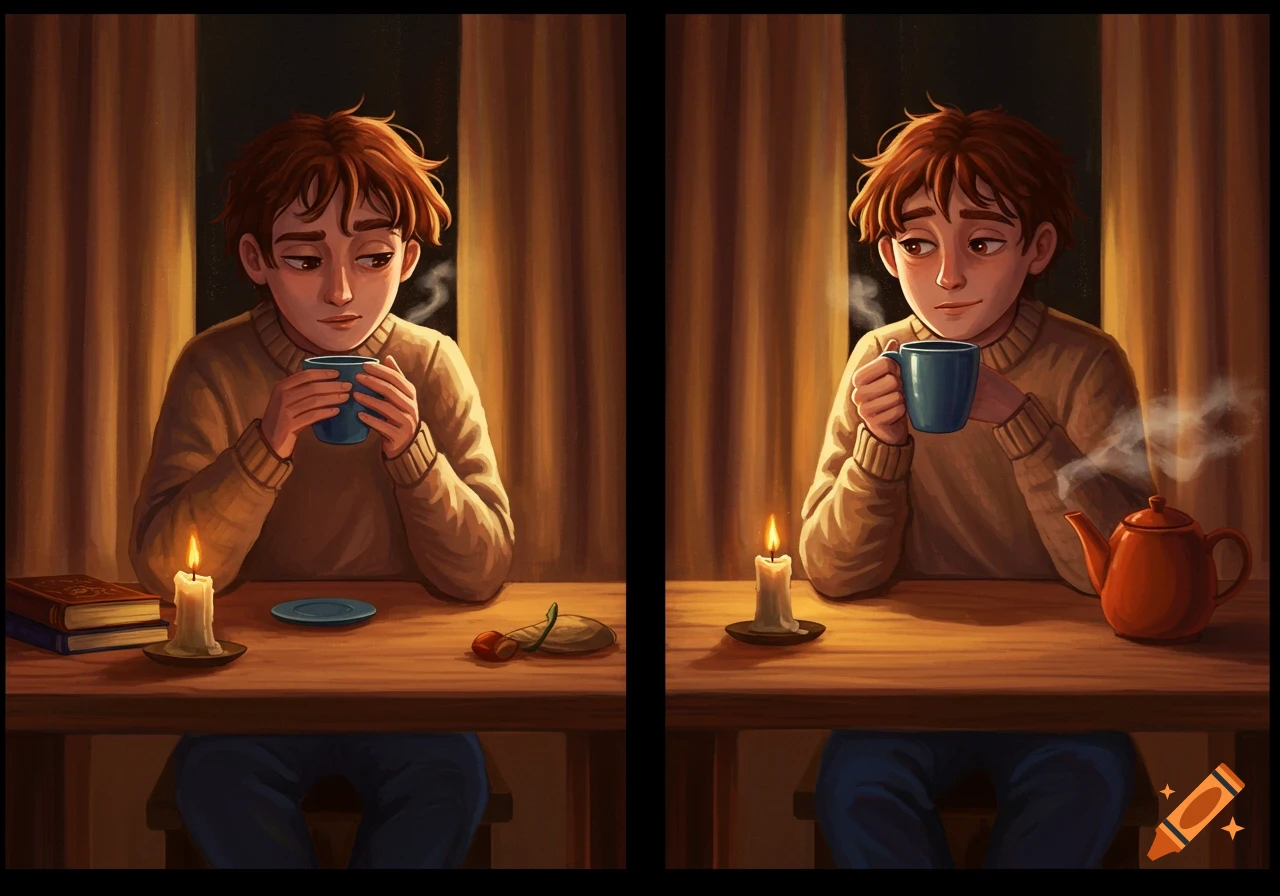 A cozy illustration of a person drinking from a cup by candlelight, with slight variations between two panels.