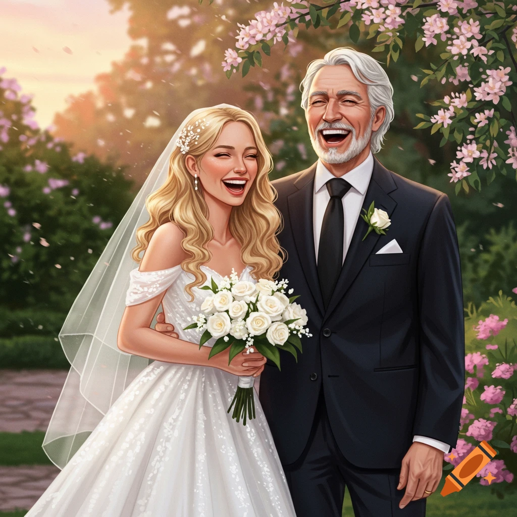 Blonde bride in white dress holding white rose bouquet and grey-haired man in suit laugh in a garden wedding scene, illustrative style.