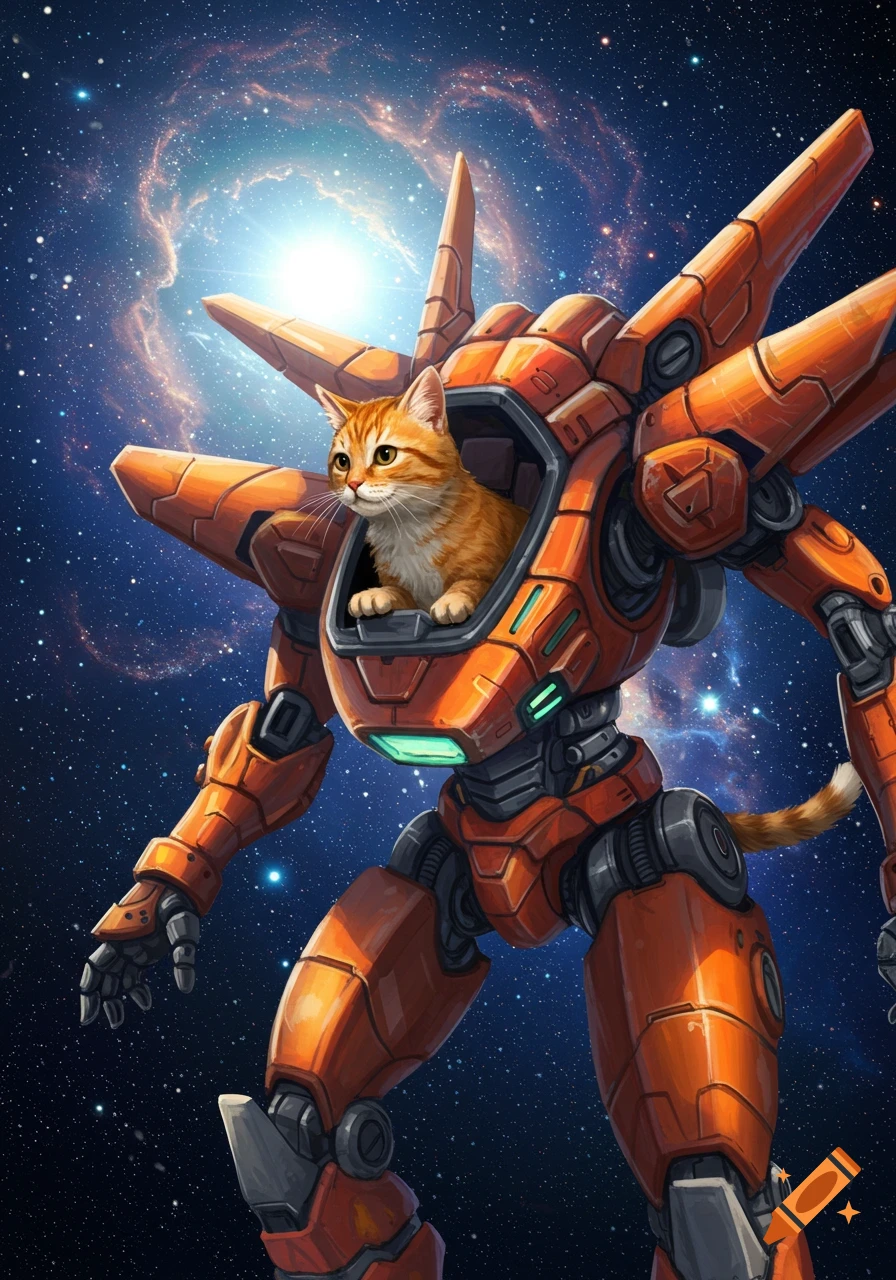 An orange tabby cat pilots a large orange mecha in a starry galaxy with a bright nebula.