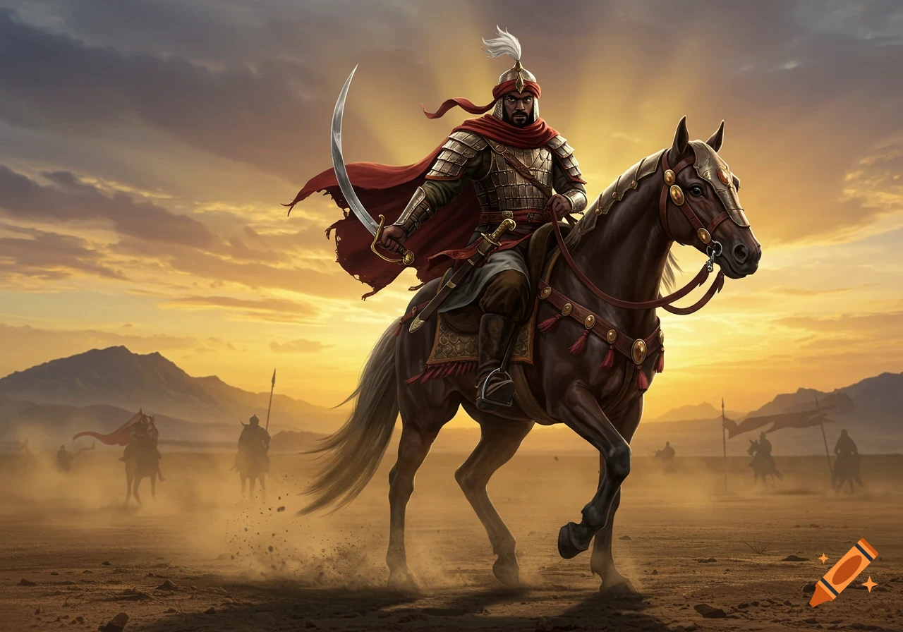A warrior in armor and a red cape rides a horse through a dusty desert at sunset, with other riders in the background.