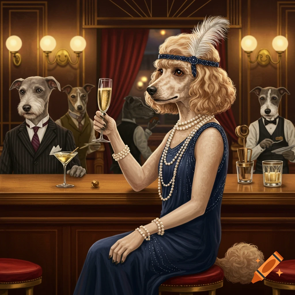 An illustration of a fashionable lady poodle in a 1920s bar, holding champagne, with other dogs.