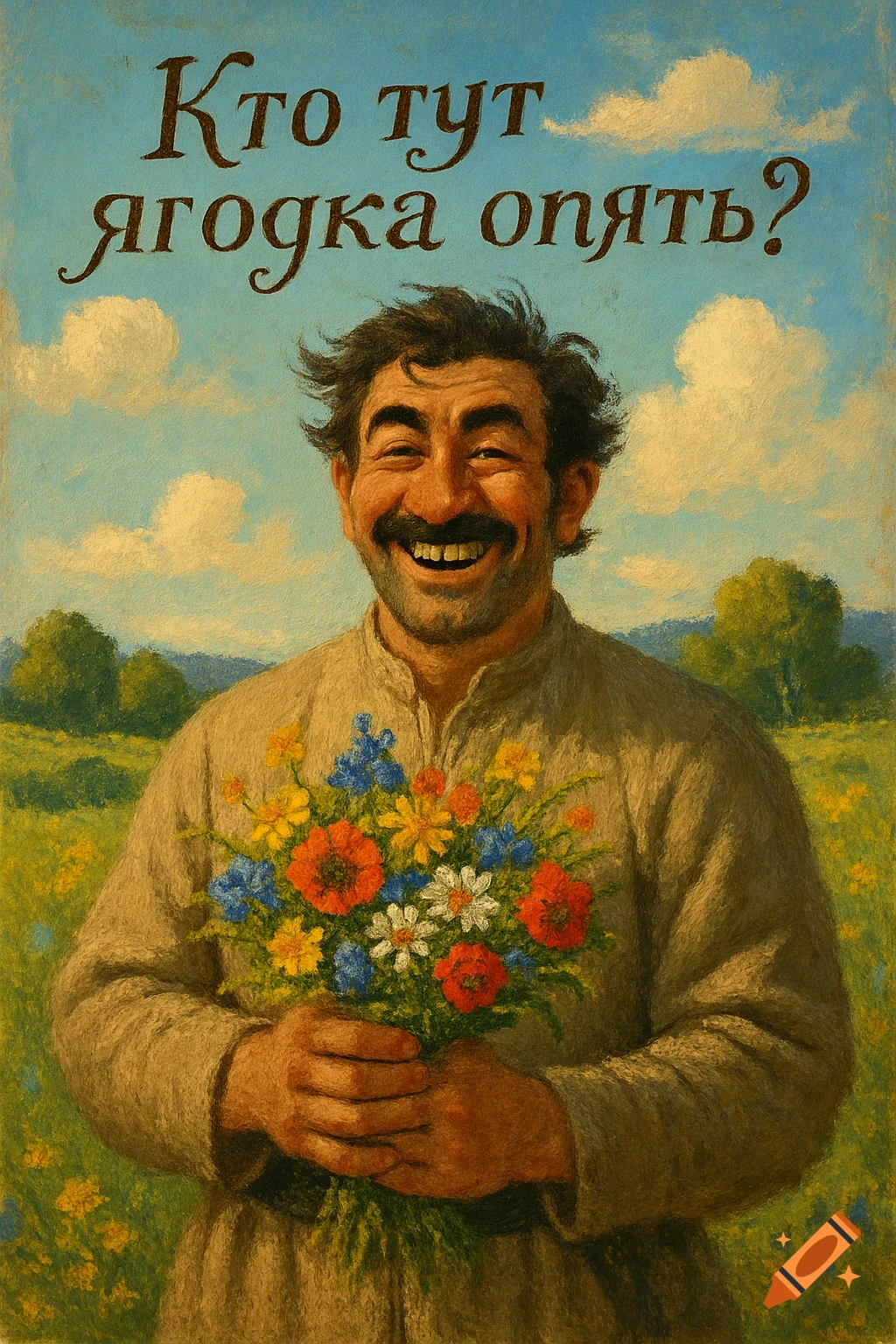 A smiling man with a beard and mustache holds a colorful bouquet of wildflowers in a sunny field under a blue sky, with Russian text above.