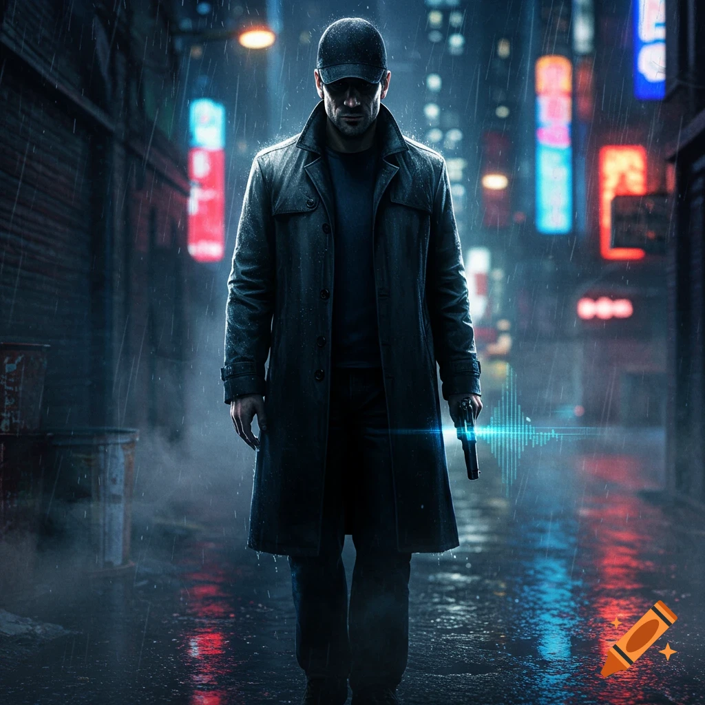 A man in a dark trench coat and baseball cap holds a pistol in a rainy, neon-lit alley, with a blue soundwave effect near the gun.